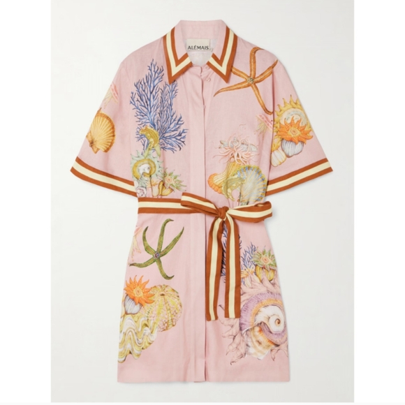 Alemais + Sam Pauletto Nereids belted printed linen-gauze mini shirt dress US 4 - Picture 1 of 7